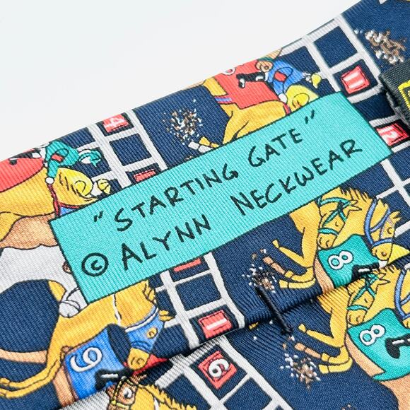 Vintage 80s Alynn Navy Blue Horse Racing Novelty Silk Necktie - Picture 3 of 7
